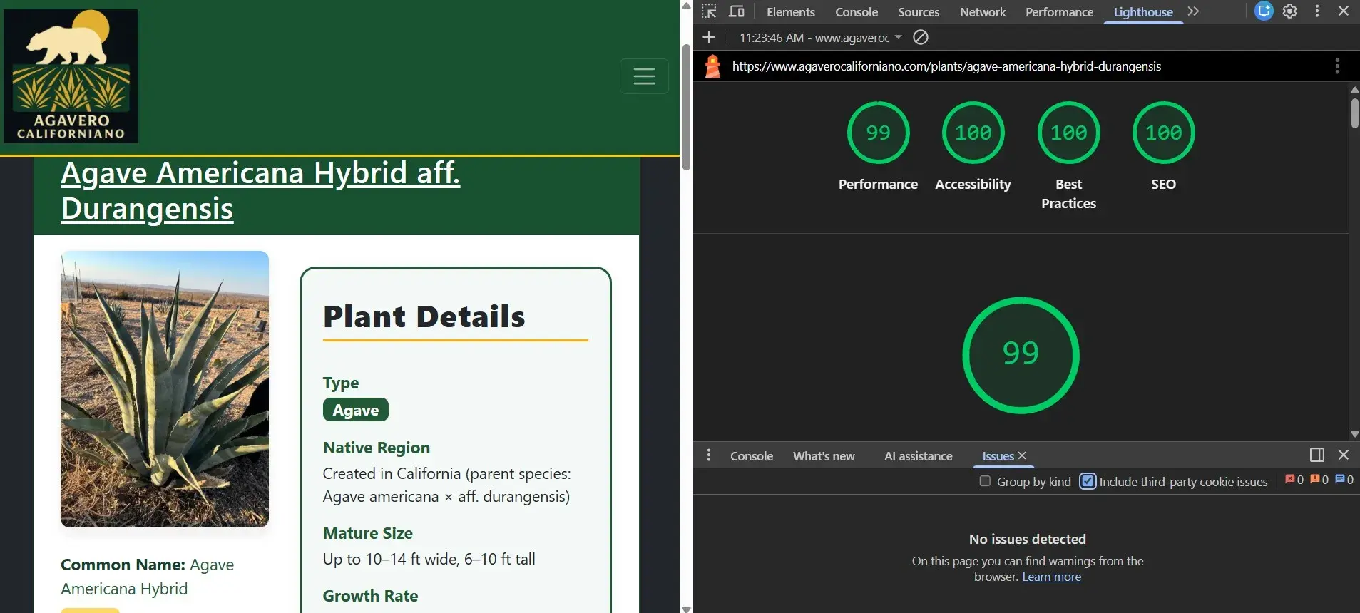 Agavero Californiano website with Google Lighthouse Scores shown as 99 Performance, 100 Accessibility, 100 Best Practices, and 100 SEO.